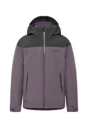 Purple and dark gray hooded winter jacket with front zipper, two side pockets, and adjustable cuffs.