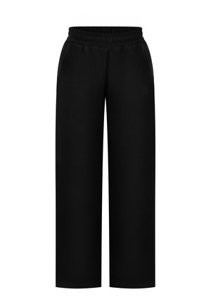 Pantaloni neri a gamba larga con vita elasticizzata e tasche laterali, progettati per un uso casual.
