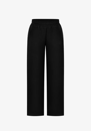 Pantaloni neri a gamba larga con vita elasticizzata e tasche laterali, progettati per un uso casual.