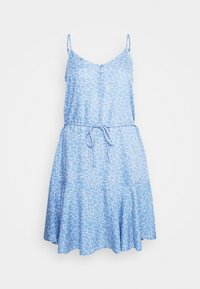 Blå spaghetti axelbandsklänning med en lös passform, med ett vitt abstrakt mönster, en knapprad och en knytbälte vid midjan.