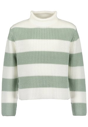 Maglione spesso lavorato a maglia con larghe righe orizzontali verde salvia e bianco, maniche lunghe e collo alto finto.