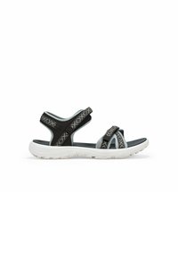 Sandales noires et bleu clair avec un design texturé, dotées de sangles réglables et d'une semelle extérieure blanche et galbée pour le confort et l'adhérence.