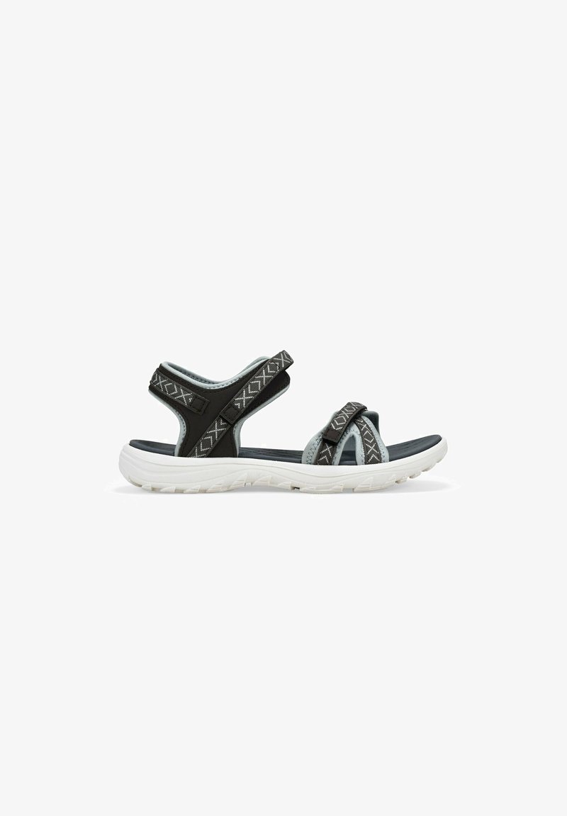 Sandales noires et bleu clair avec un design texturé, dotées de sangles réglables et d'une semelle extérieure blanche et galbée pour le confort et l'adhérence.