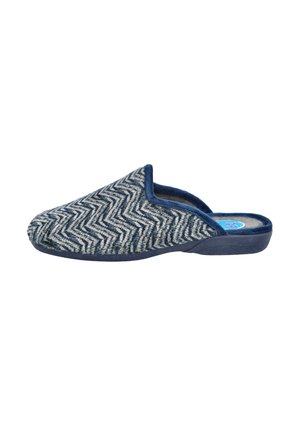 Zapatilla con patrón de espiga azul y blanco, punta redondeada, parte superior de textura suave y suela de goma azul oscuro. Diseño de tipo slip-on.