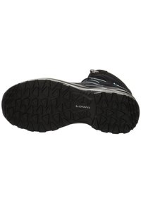 Black hiking boot with a textured rubber sole featuring triangular lugs for traction. Light blue accents on the upper design and stitching.