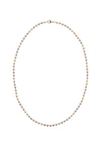 Náhrdelník se střídajícími se kovovými korálky ve zlaté, růžové zlaté a stříbrné barvě. Kulatý tvar s uzávěrem na zacvaknutí. Hladký povrch.