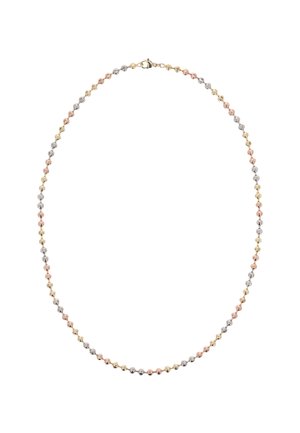 Halskæde med skiftende metalliske perler i guld, rosaguld og sølv. Cirkulær form med en lås til lukning. Glat tekstur.