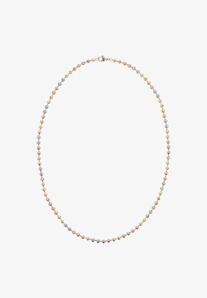 Kaulaketju, jossa vuorottelevat metallipallot kullassa, vaaleanpunaisessa kultassa ja hopeassa. Pyöreä muoto, jossa on kiinnityssolki. Sileä pinta.