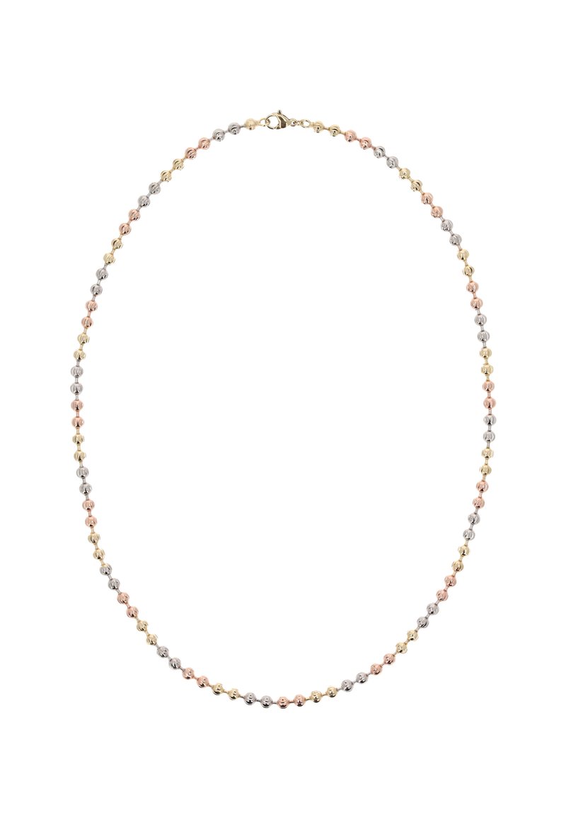 Náhrdelník se střídajícími se kovovými korálky ve zlaté, růžové zlaté a stříbrné barvě. Kulatý tvar s uzávěrem na zacvaknutí. Hladký povrch.
