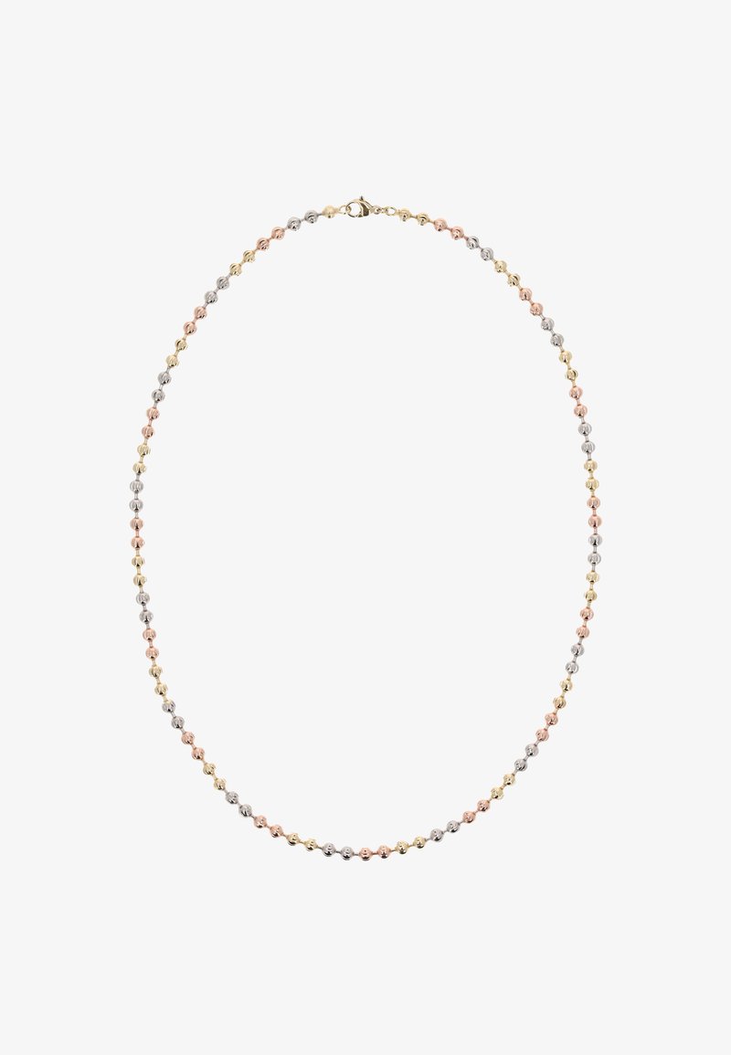 Náhrdelník se střídajícími se kovovými korálky ve zlaté, růžové zlaté a stříbrné barvě. Kulatý tvar s uzávěrem na zacvaknutí. Hladký povrch.