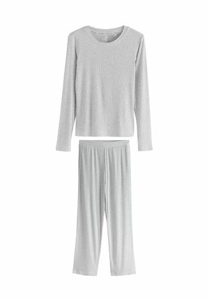 Helles graues Oberteil mit langen Ärmeln und passender, lockerer Hose im Schlafanzug-Set, hergestellt aus weichem, leichtem Stoff.