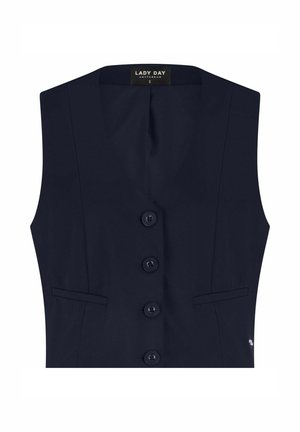 Marineblauw mouwloos vest met een V-hals, vijf knopen aan de voorkant en twee zakken aan de voorkant. Soepele textuur met subtiele tailleerdetails.