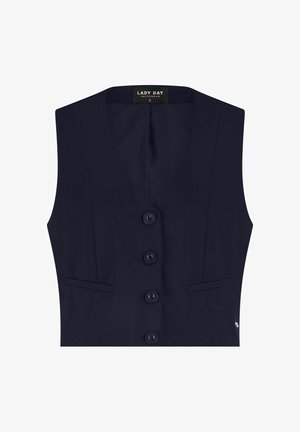 Marineblauw mouwloos vest met een V-hals, vijf knopen aan de voorkant en twee zakken aan de voorkant. Soepele textuur met subtiele tailleerdetails.