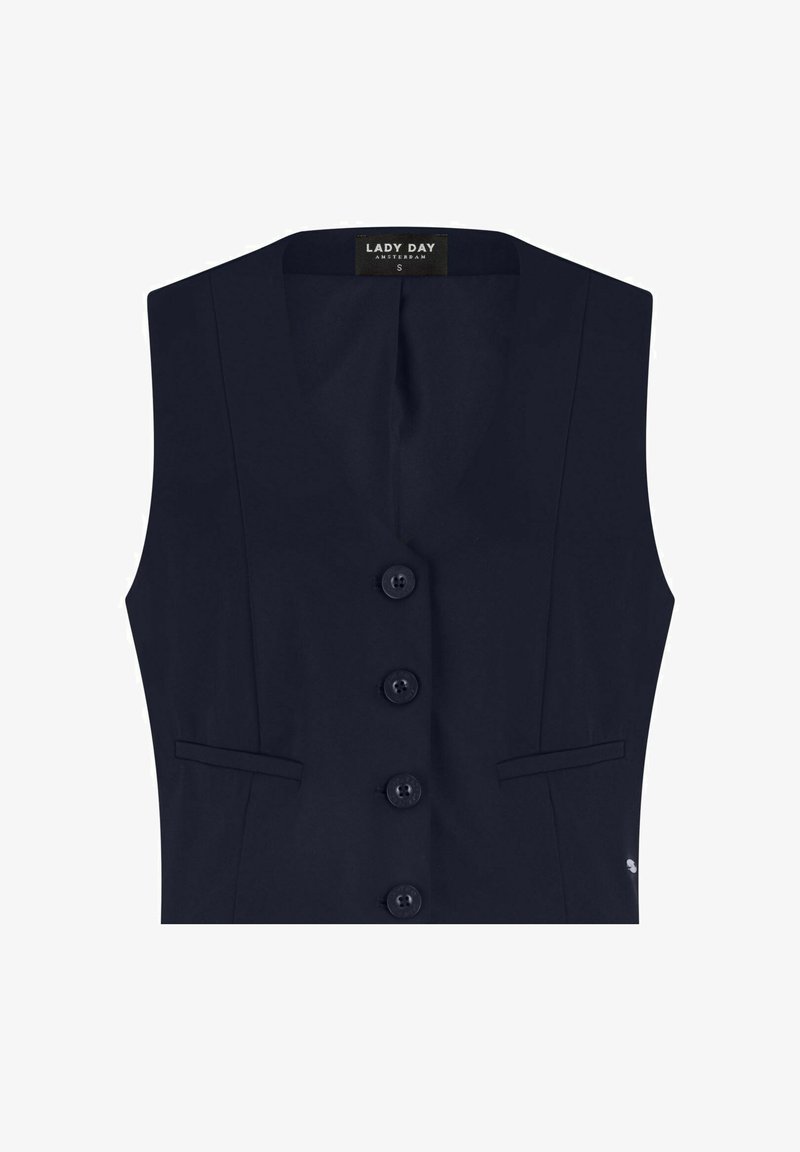 Marineblauw mouwloos vest met een V-hals, vijf knopen aan de voorkant en twee zakken aan de voorkant. Soepele textuur met subtiele tailleerdetails.