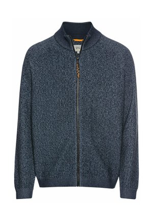 Navy zip-up sweater with high collar, textured knit fabric, ribbed cuffs and hem, and a contrasting zipper pull detail.