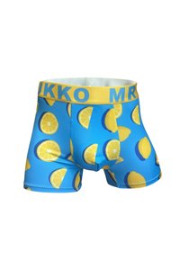 Blå boxershorts med ett citrussmönster och ett gult midjeband med texten "MR KU". Tillverkade av elastiskt material för komfort.