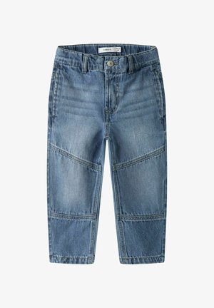 Lys blå denim bukser for småbarn med frontlommer, belteøyne, knappelukking og forsterket knestikking.