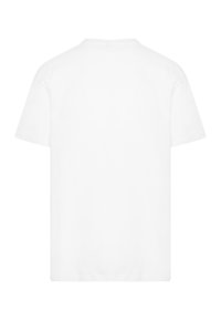 Hvid bomulds t-shirt med rund hals, korte ærmer og en glat overflade. Ingen synlige mønstre eller designs på ryggen.