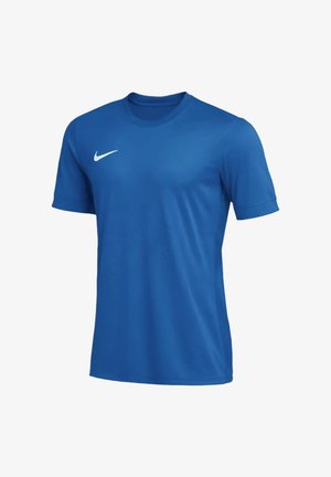 Maglietta sportiva a maniche corte blu con logo Nike bianco sulla parte superiore sinistra del petto, mostrata su uno sfondo bianco semplice.