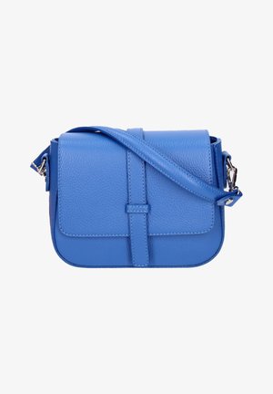 Piccola borsa a tracolla in pelle blu con finitura testurizzata, pattina frontale e tracolla regolabile con fibbie argentate.