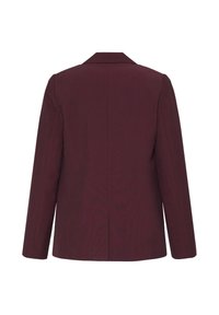 Blazer bordeaux foncé à manches longues avec col, vu de dos, présentant une couture centrale et un ourlet droit.