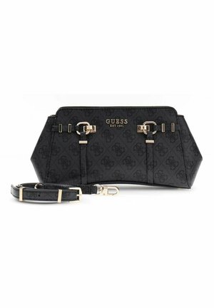 Sac bandoulière Guess noir avec motif monogramme, accents de boucle dorée et sangle réglable détachée à côté.