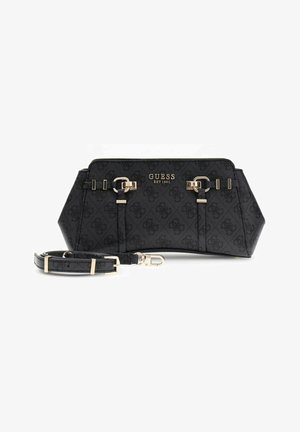 Sac bandoulière Guess noir avec motif monogramme, accents de boucle dorée et sangle réglable détachée à côté.