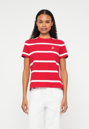 Red striped t-shirt made of cotton, featuring white horizontal stripes, short sleeves, and a rounded neckline, with a small logo on the chest.