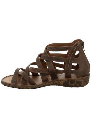 Sandale style gladiateur en cuir marron avec plusieurs brides et une semelle en caoutchouc texturée, avec une fermeture éclair à l'arrière.