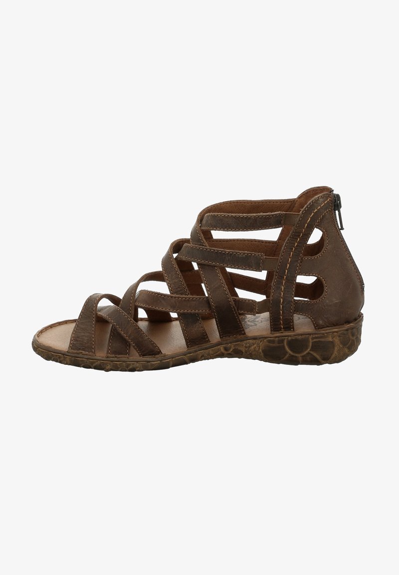 Sandale style gladiateur en cuir marron avec plusieurs brides et une semelle en caoutchouc texturée, avec une fermeture éclair à l'arrière.