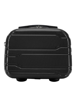 Étui rigide noir avec un motif en maille, de forme rectangulaire, avec une poignée supérieure et de petites roues à la base pour la mobilité. Accents zippés métalliques.