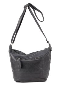 Borsa a spalla in pelle nera con un design morbido, tracolla regolabile e tasca frontale con zip. Finitura testurizzata con hardware minimalista.