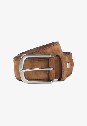 Brown suede leather belt rolled with silver rectangular metal buckle on white background.