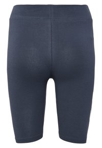 Mörkblå högmidjade cykelbyxor i stretchmaterial, med en enkel baksida och en mittsöm, i längd till mitten av låret.