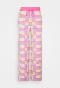 Vidbenade byxor i stickad tyg med ett rutigt mönster i rosa, gult och vitt; elastisk midja med dragningsdetalj.