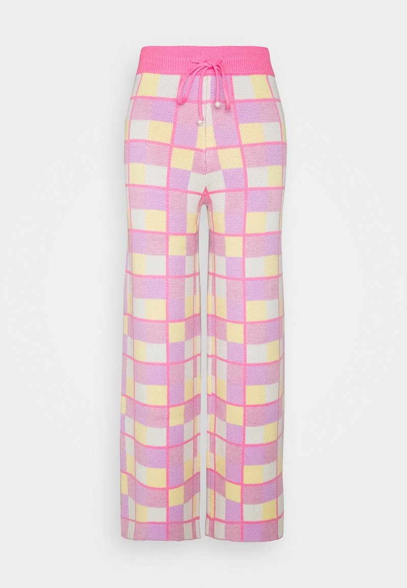 Wide-leg pants in a knitted fabric featuring a pink, yellow, and white checkered pattern; elastic waistband with drawstring detail.