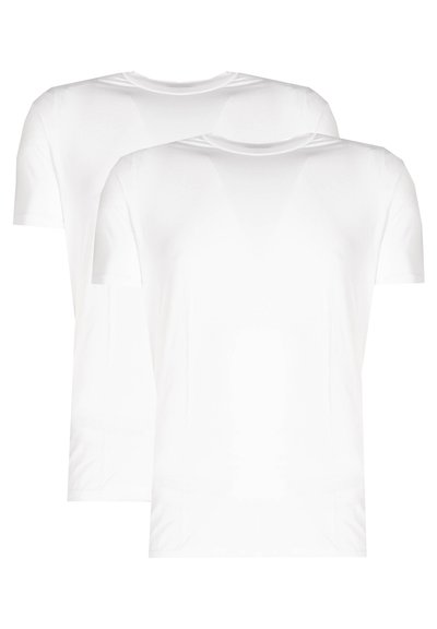 Due t-shirt di cotone bianche. Maniche corte, design a girocollo, texture liscia, senza decorazioni e senza loghi o motivi visibili.