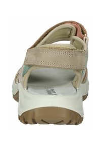 Sandali multicolori con una combinazione di beige, rosa e menta. Presentano cinturini regolabili, soletta imbottita e suola in gomma testurizzata.