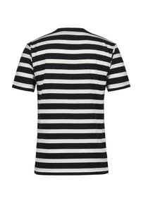 Sort-hvid stribet t-shirt med rund hals og korte ærmer, der har jævnt fordelte vandrette striber og en afslappet pasform.