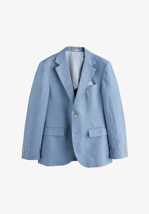 Helles blaues Leinenblazer mit Reverskragen, zwei Vordertaschen und sechs goldfarbenen Knöpfen an den Ärmeln sowie einem gestreiften Innenfutter.