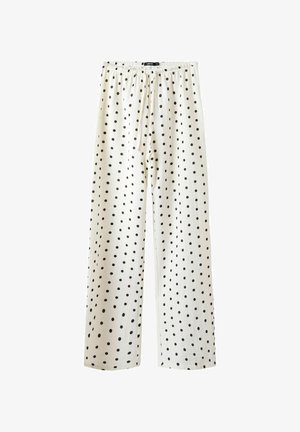 Pantaloni bianchi con pois neri, caratterizzati da una vita elastica e un design a gamba larga. Realizzati in un tessuto leggero con una texture morbida.