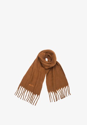 Brauner, weicher Schal aus leichtem Material mit Fransen an den Enden und einem auf einer Seite eingestickten Logo, zusammengerollt zur Präsentation.