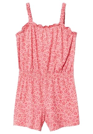 Lyserød jumpsuit med en samlet brystparti og tynde stropper, prydet med et leopardprint mønster. Elastisk talje sikrer en tætsiddende pasform.