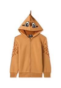 Felpa con zip marrone e cappuccio appuntito, dotata di occhi da cartone animato e dettagli testurizzati sulle maniche, realizzata in tessuto morbido.
