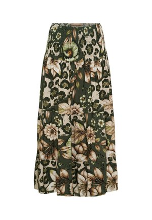 Lang grøn nederdel med blomsterprint med store beige og brune blomster og blade, med en rynket talje.
