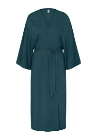 Zielona szlafrokowa suknia z rękawami typu kimono, z paskiem w talii i gładką fakturą; idealna do relaksu i odpoczynku.