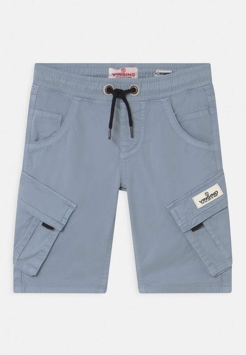 Shorts cargo bleu clair en coton avec une taille élastique, un cordon de serrage et des poches latérales présentant des pièces rectangulaires.