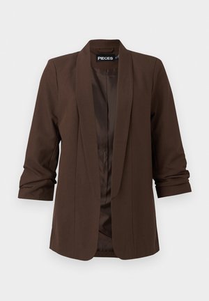 Mørkebrun skreddersydd blazer med sjalkrage, trekvart lange ermer og en glatt satinfôring, med et minimalistisk design.
