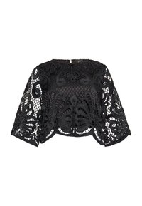 Černý krajkový cropped top se květinovou výšivkou, tříčtvrtečními rukávy a texturovaným otevřeným designem s vlnitými okraji.