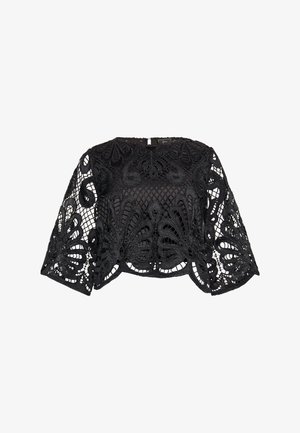 Top corto de encaje negro con bordado floral, mangas tres cuartos y un diseño de tejido texturizado con bordes en forma de concha.